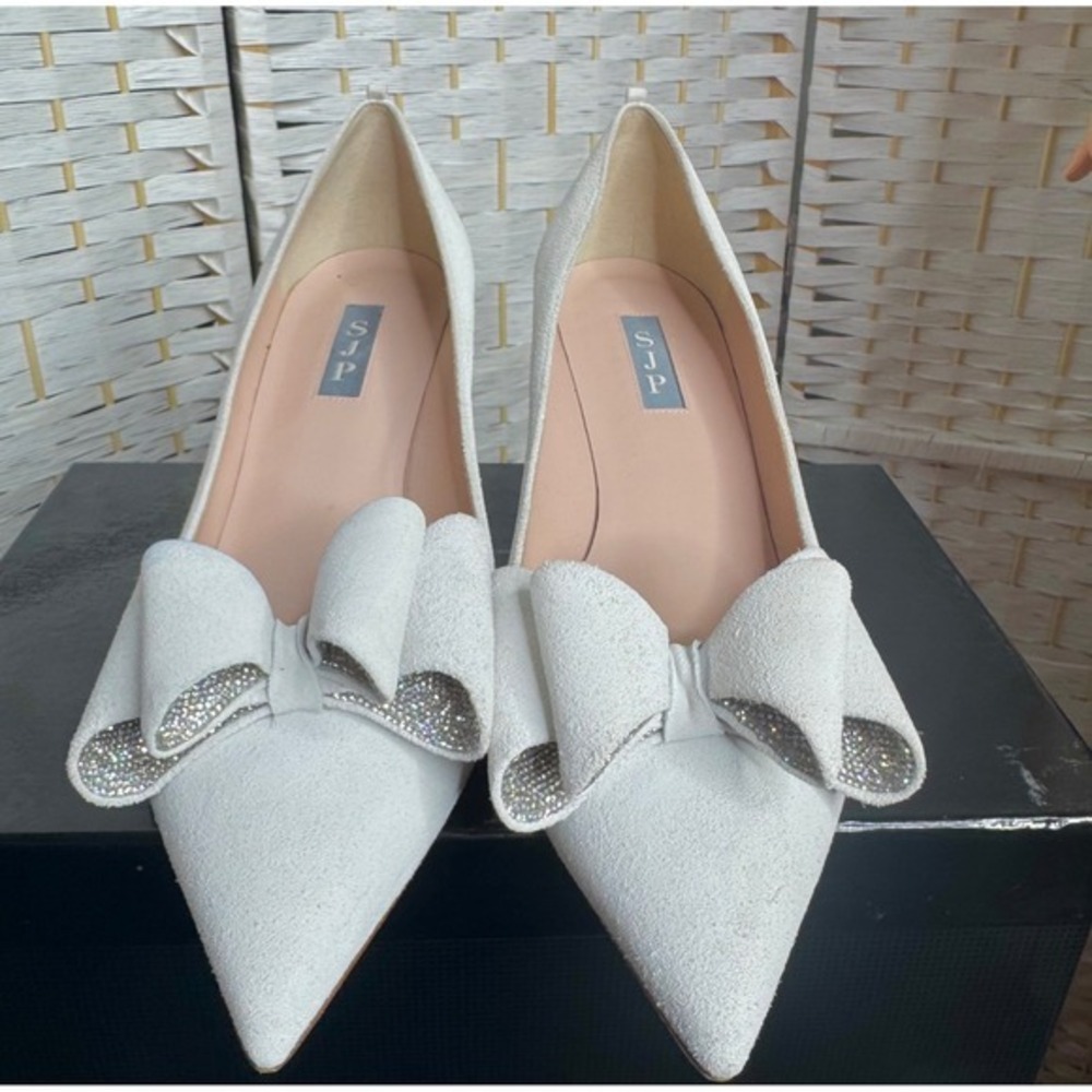 SJP White Bow Pointed Toe 2" Heels Elegant Bridal Designer Pumps Work Date Party - Picture 5 of 8
